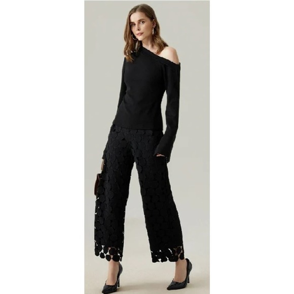 NEW STUNNING Loose Elegant BLACK Open Lace Long Pants Straight Cut Large - Picture 1 of 12
